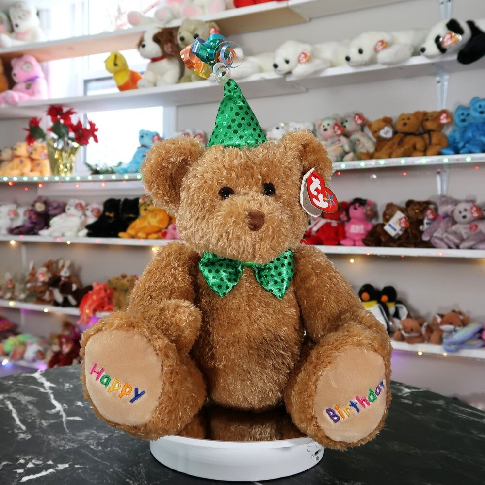 TY Beanie Buddy - Happy Birthday Brown Bear Green Party Hat | MWMT Mint Tags